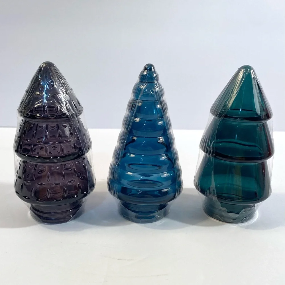 3 Target Bullseye 4” Mini Glass Christmas Trees Black Blue Green Holiday Decor
